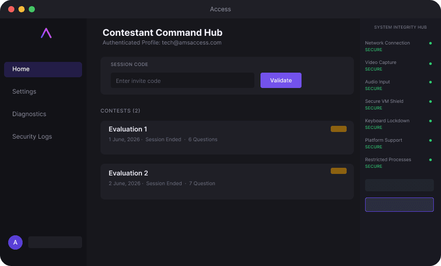 The Access desktop client's Contestant Command Hub: session code entry, contest list, and a system integrity rail with every check reading SECURE